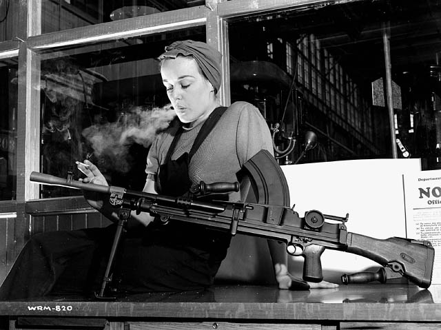 Veronica Foster as "Ronnie, the Bren Gun Girl", was a Canadian icon for women working in war production