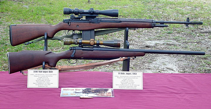 Vietnam War era sniper rifles, US Army XM21 (top) and USMC M40 (bottom)