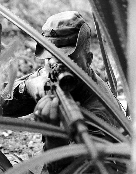 Sergeant Adelbert Waldron was the top scoring US sniper in Vietnam with 109 kills. He is seen here with his XM-21 sniper rifle.