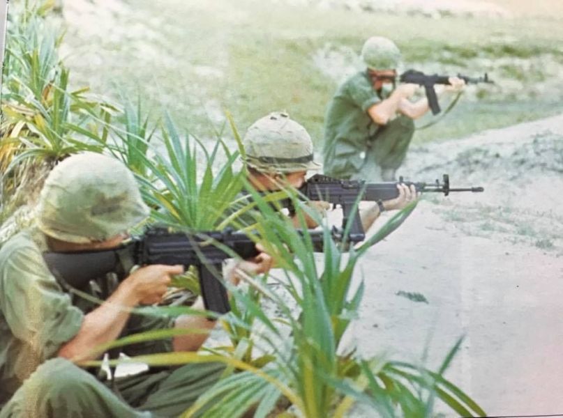 Marines testing the Stoner 63 rifle configuration on the DMZ in 1967. Allegedly nicknamed the “Johnny 7″ (after a popular toy gun that could transform into seven different weapons), the Stoner proved too complicated for wide issue and only saw service in the SAW-configuration with the Navy SEALs and Marine Force Recon. Photo credit: US Marine Corps